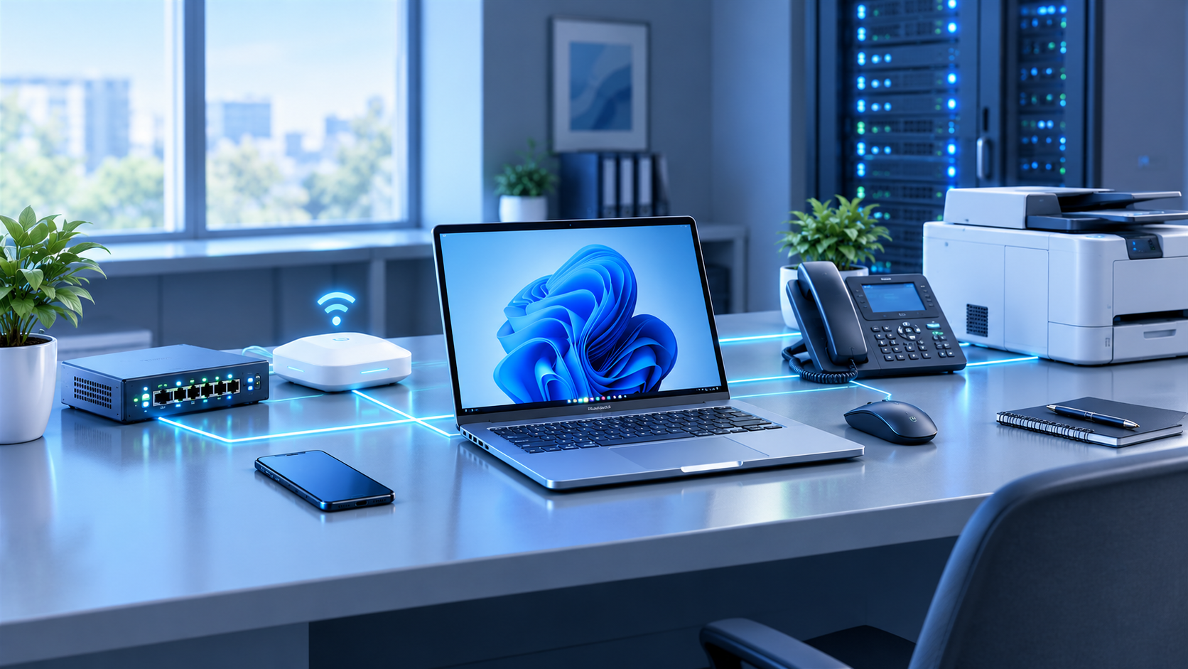 A modern technology workspace with connected digital tools
